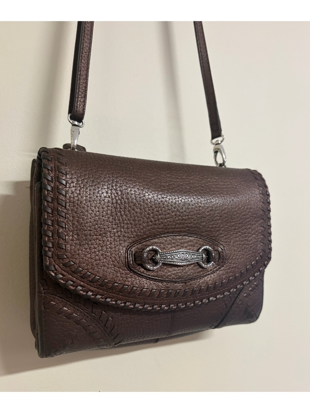 Brighton Brown Bronze Shimmer Bifold Organizer Crossbody Bag with Braided Trim